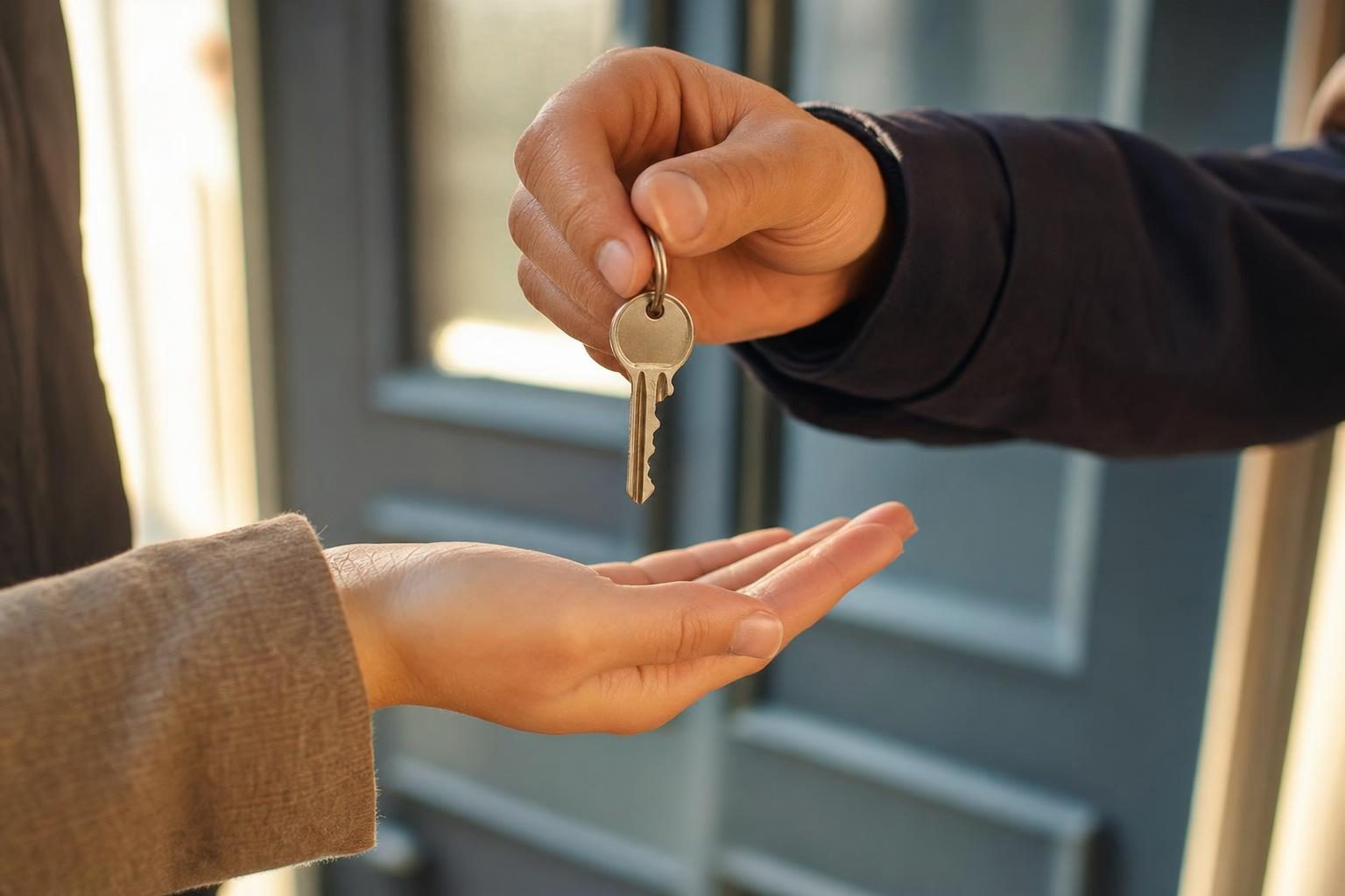 A house key being handed over at the front door of a home